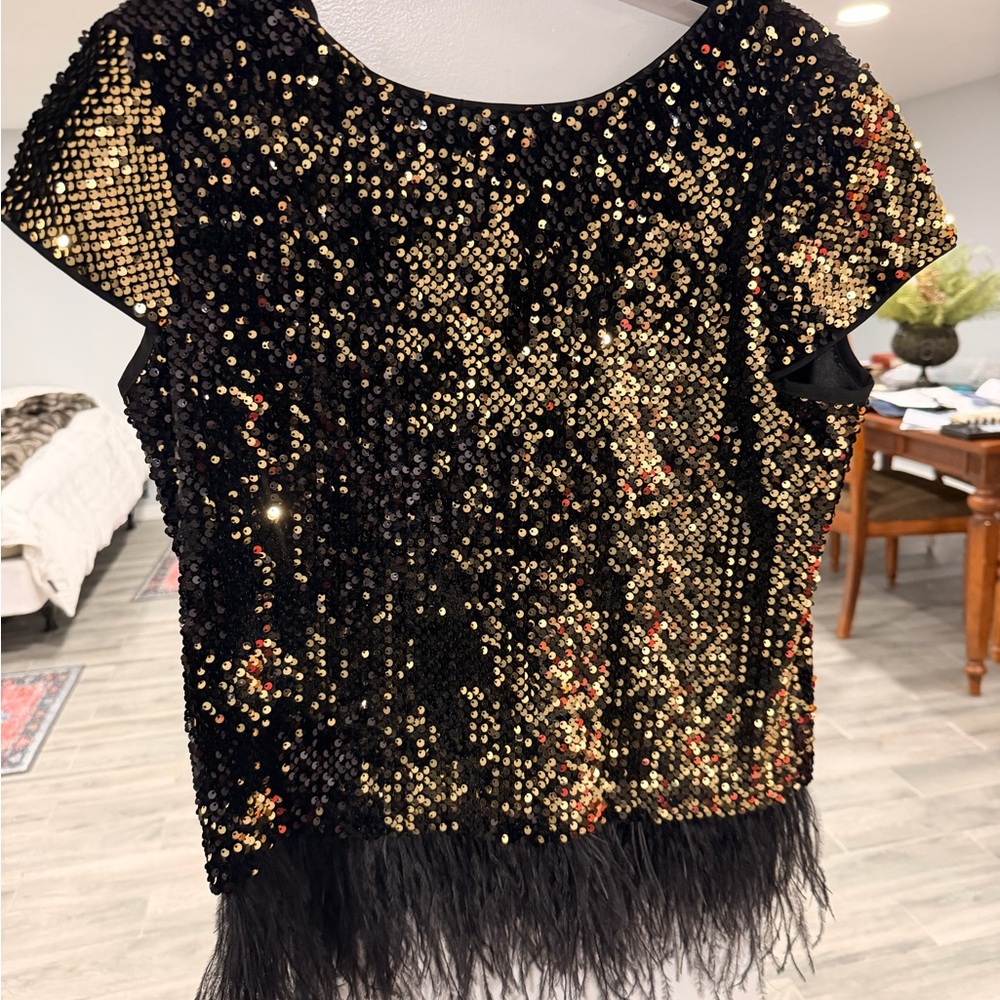 Milly Black and Gold Sequin Blouse with Ostrich feather hem
